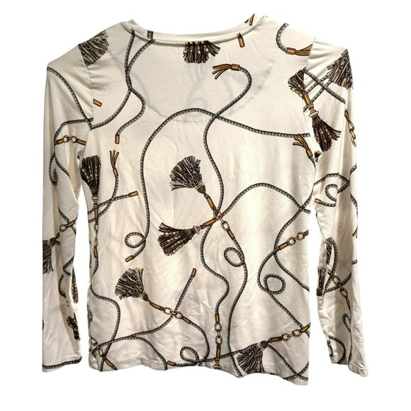 Chico's White Gold Tassel Print Pullover Long Sleeve Rayon Stretch Top  0 Small - Picture 4 of 6